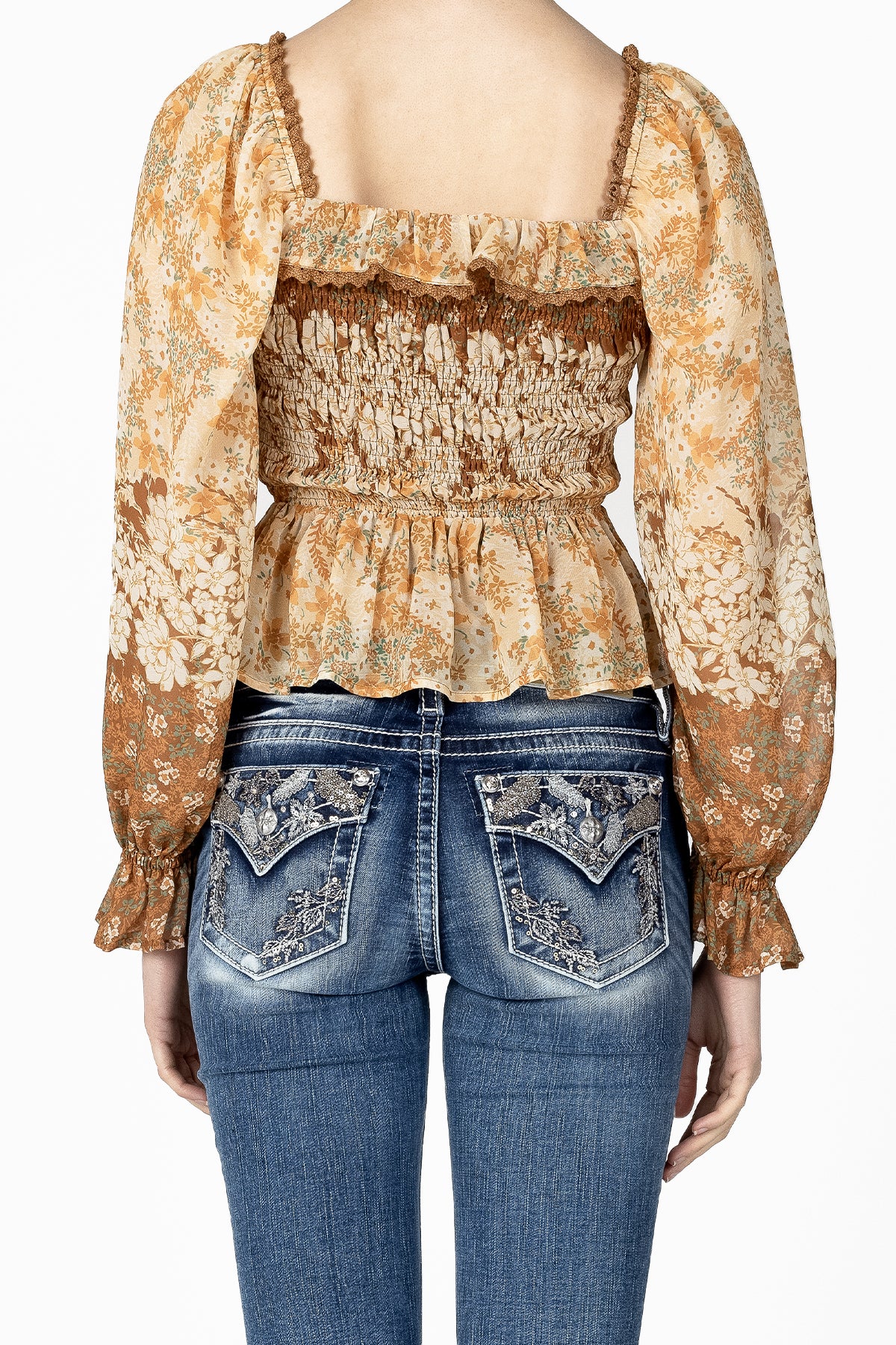 Mixed Orange Floral Smocked Blouse