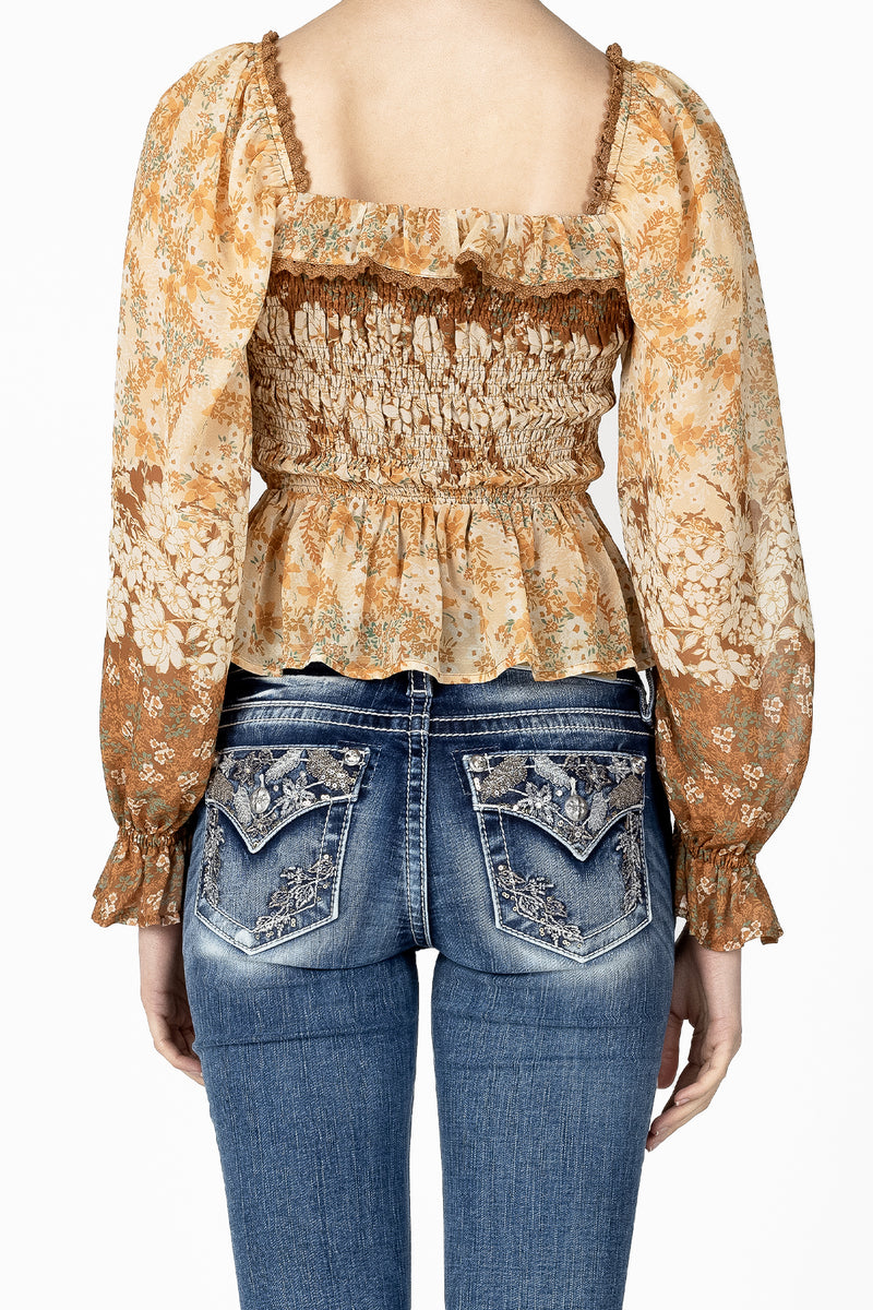 Mixed Orange Floral Smocked Blouse