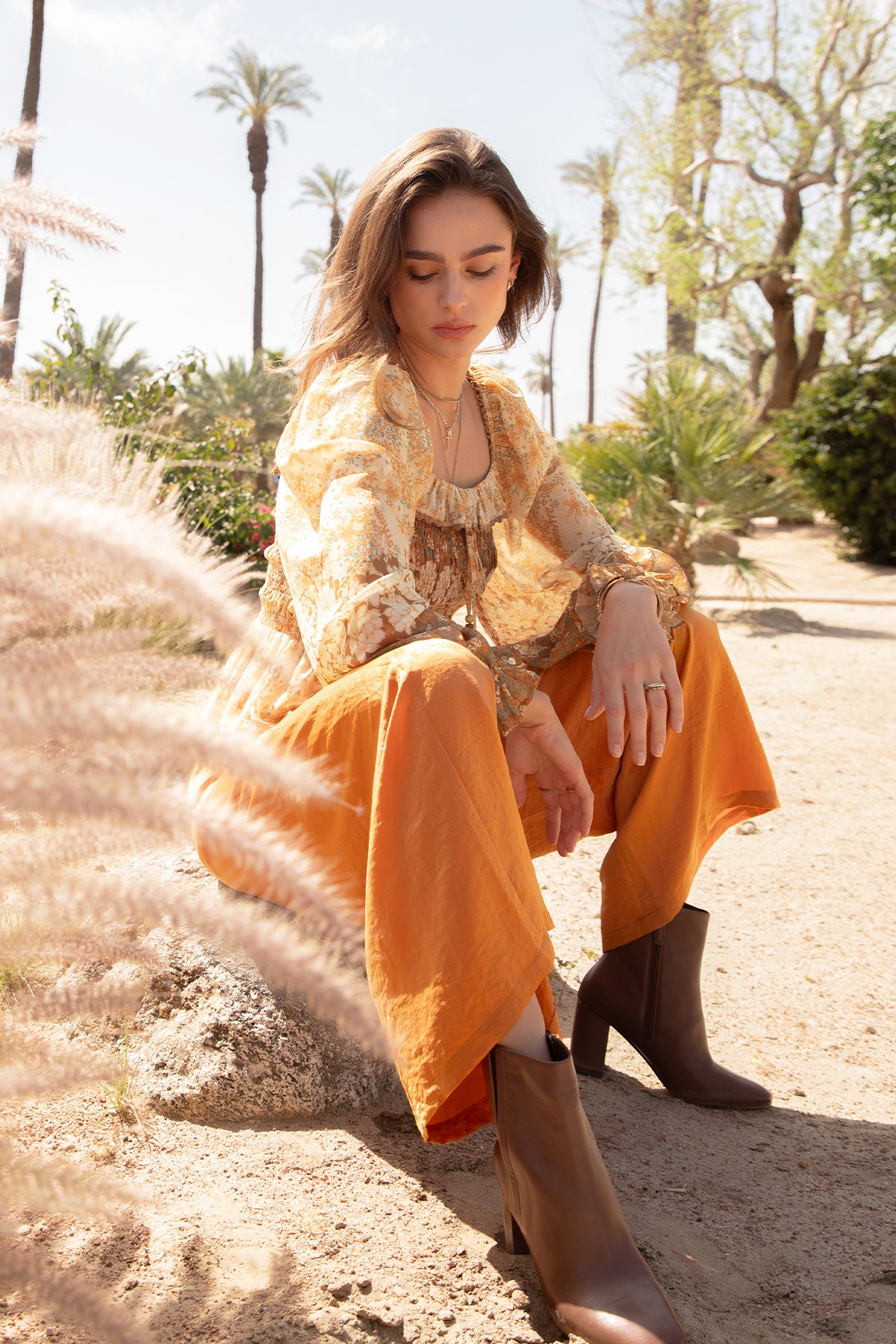 Mixed Orange Floral Smocked Blouse