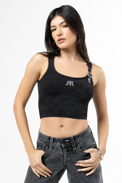 Lohan Buckle Tank Top | Only $19.50 | Charcoal Black, White | Miss Me