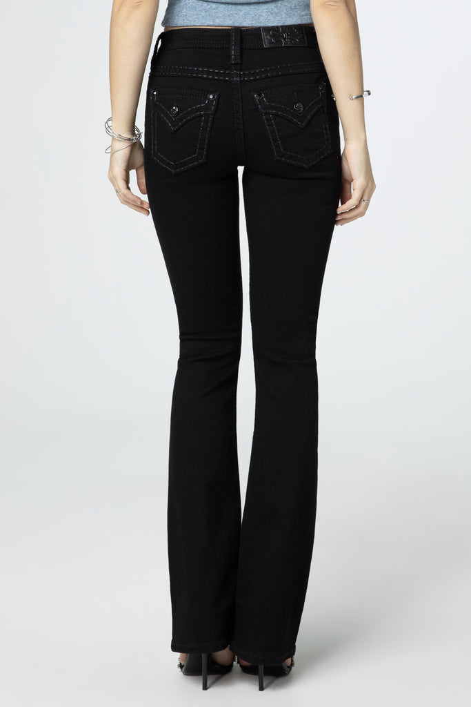 women wearing metallic classic black bootcut jeans