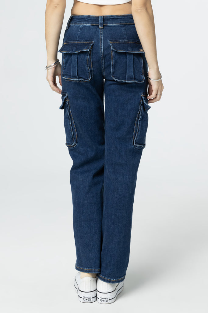 female modeling denim cargo jeans