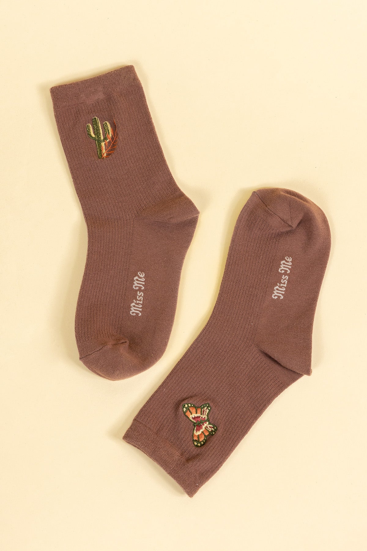 Brown Cactus Butterfly Crew Socks