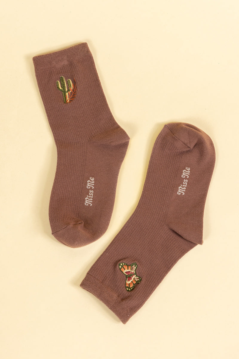 Brown Cactus Butterfly Crew Socks