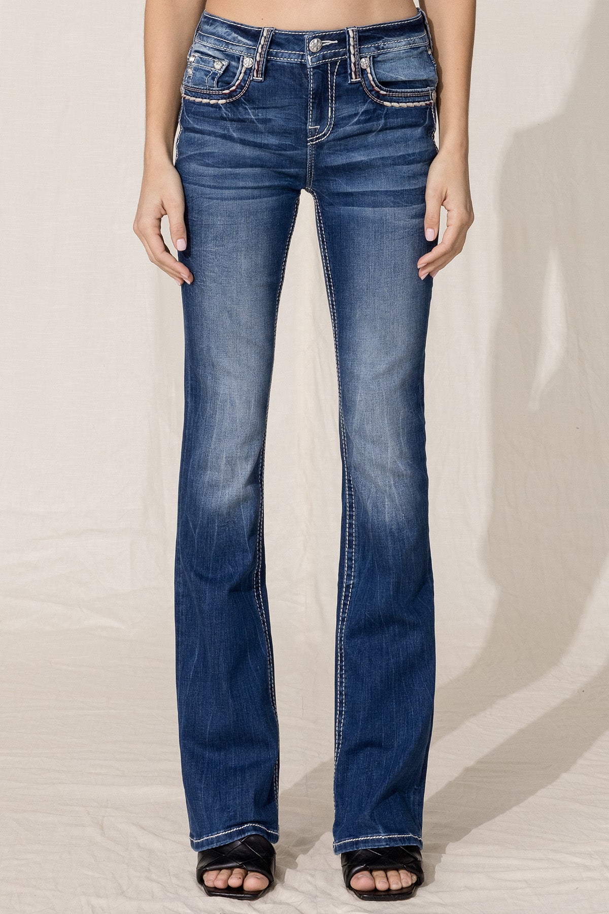 靴 me...me. Geometric Sequin Stitch Bootcut Jeans | Only $101.15 | Med