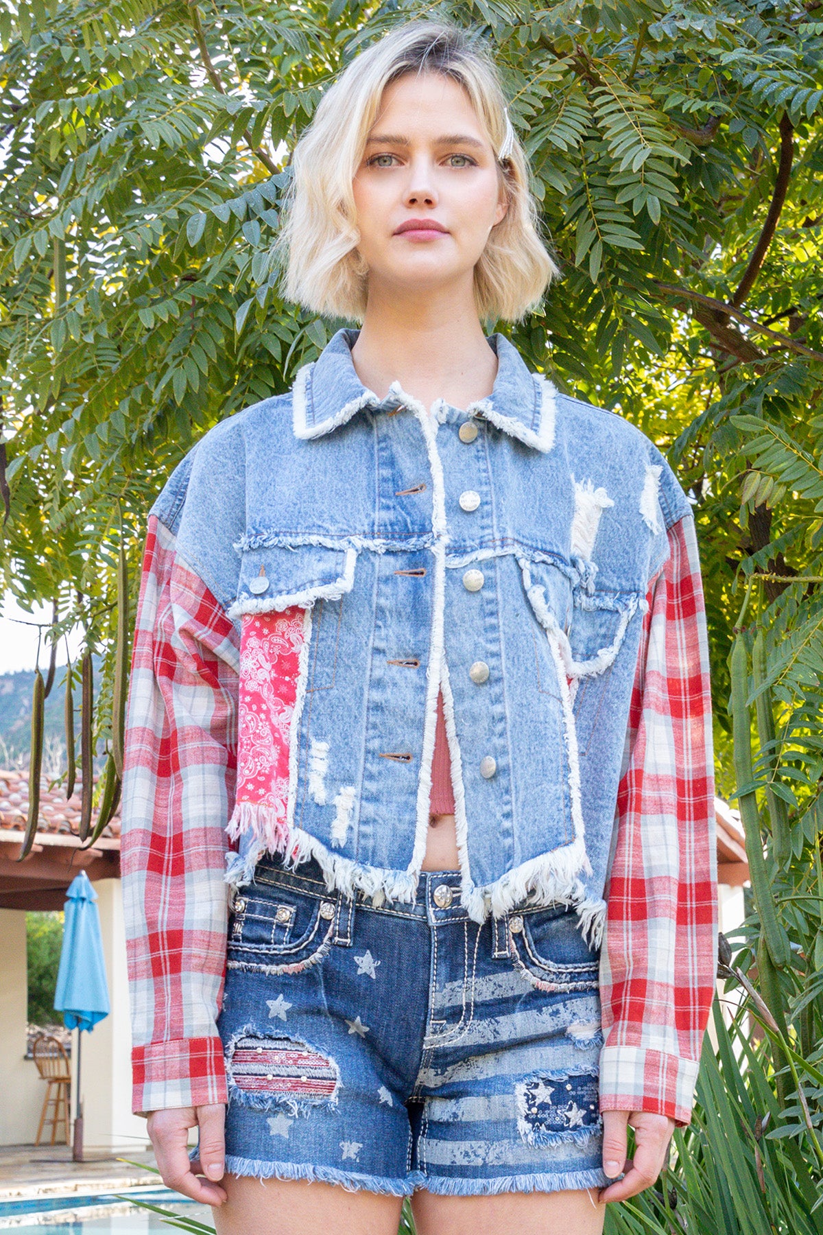 Plaid American Flag Denim Jacket