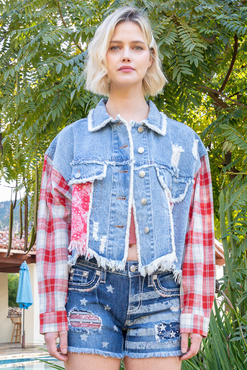 Plaid American Flag Denim Jacket