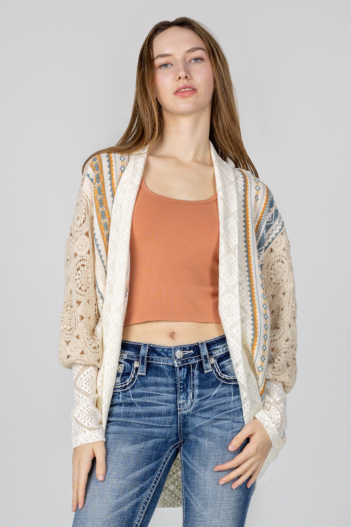 Mixed Media Aztec Print Crochet Cardigan