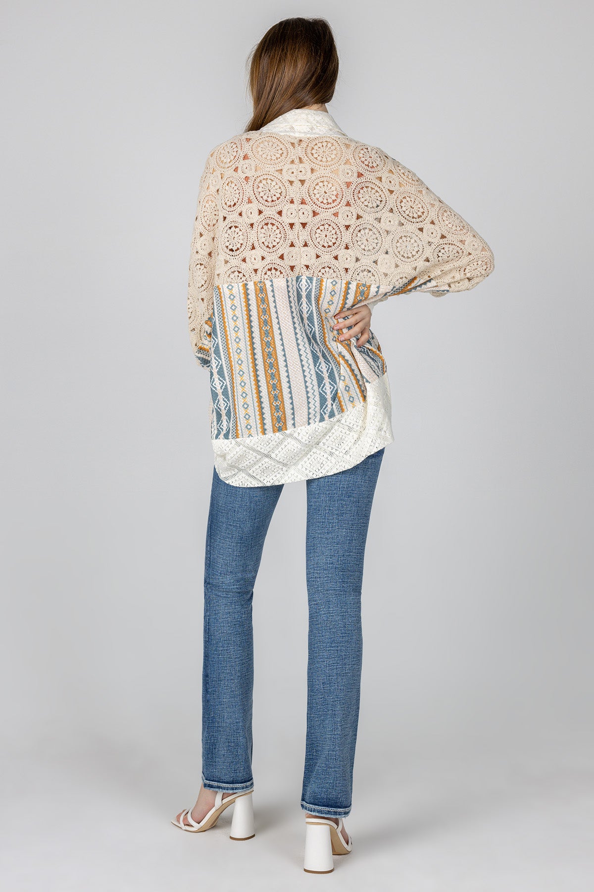 Mixed Media Aztec Print Crochet Cardigan