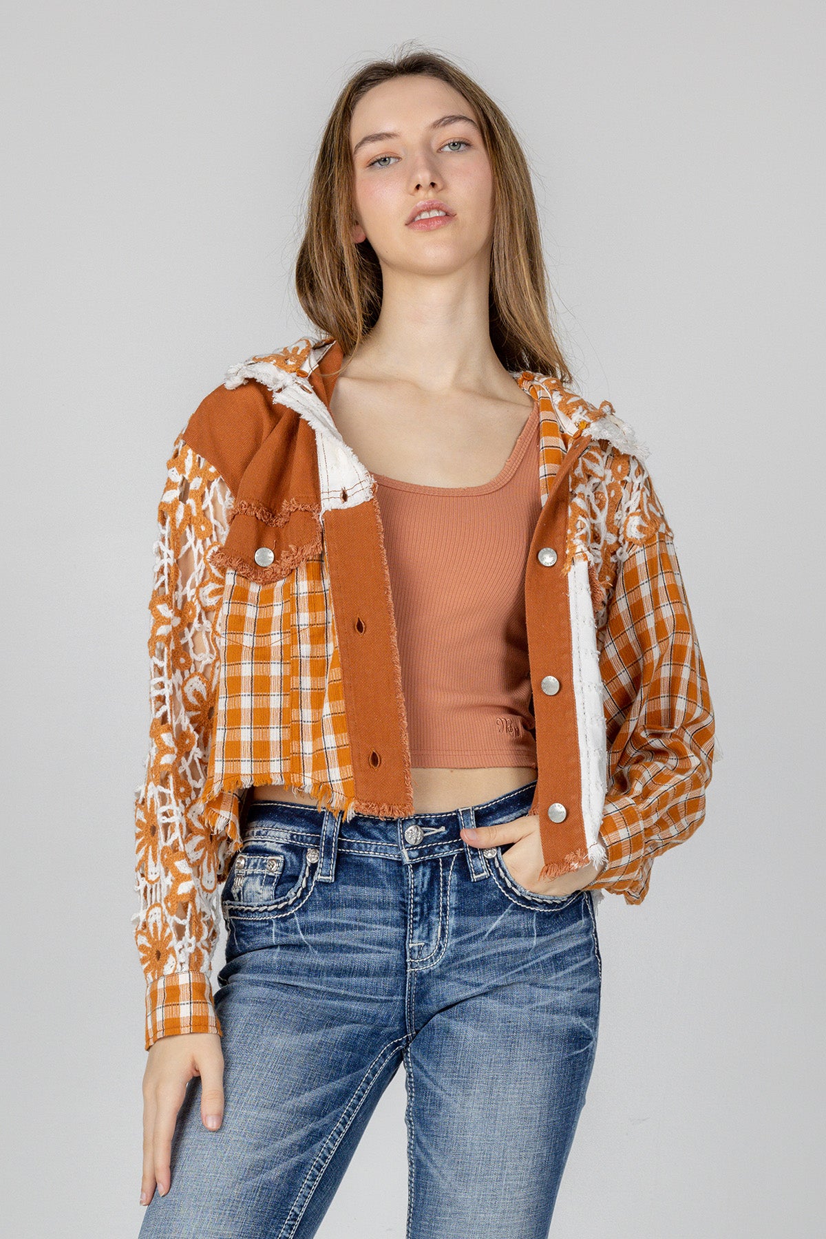 Floral Crochet Plaid Hoodie Jacket