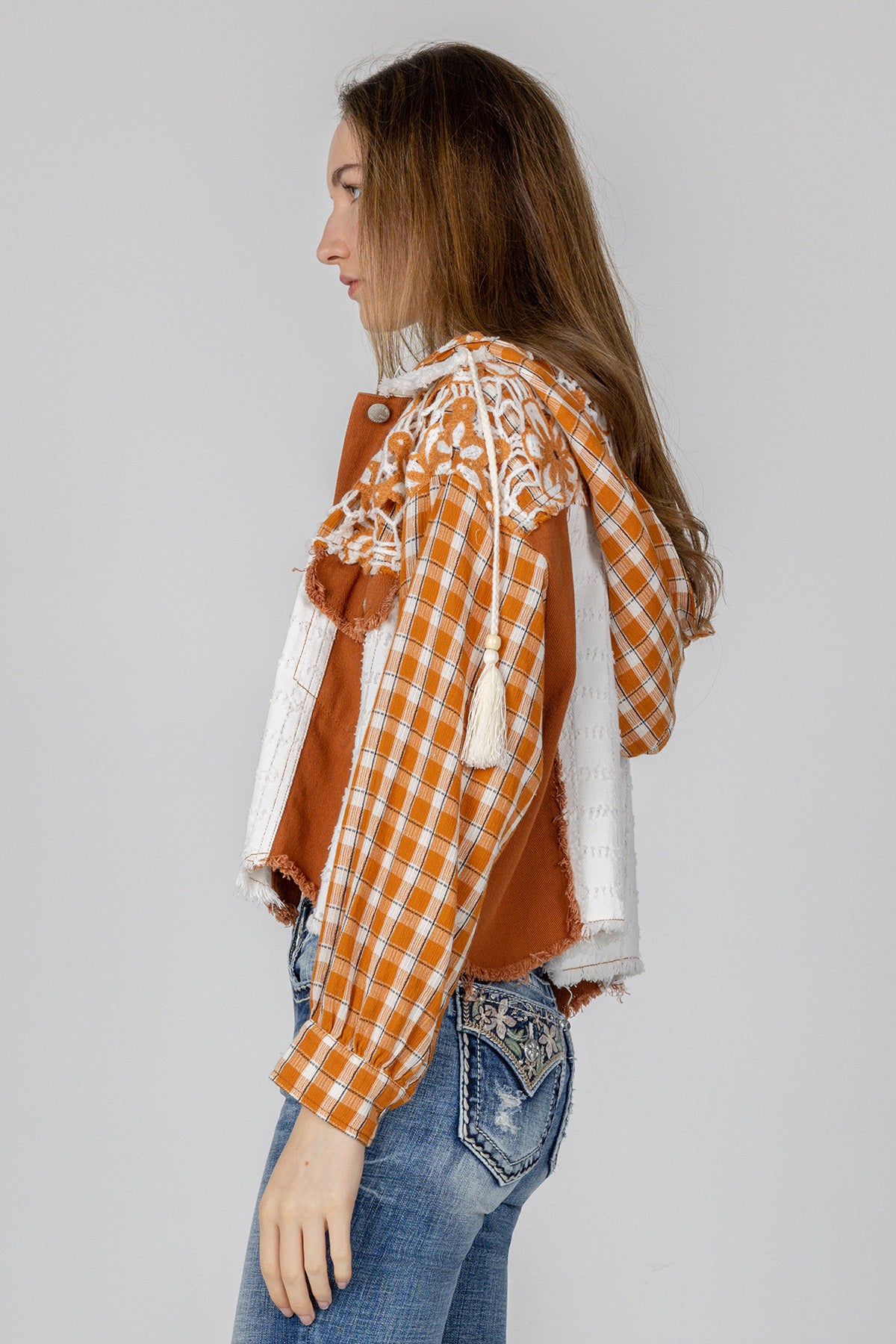 Floral Crochet Plaid Hoodie Jacket