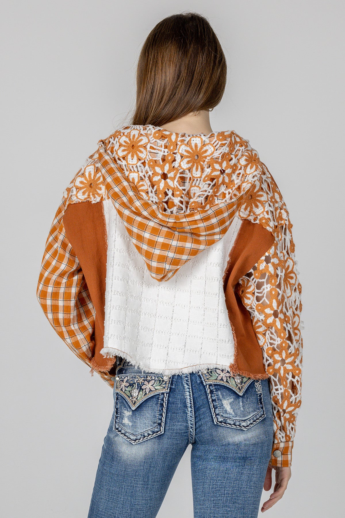 Floral Crochet Plaid Hoodie Jacket